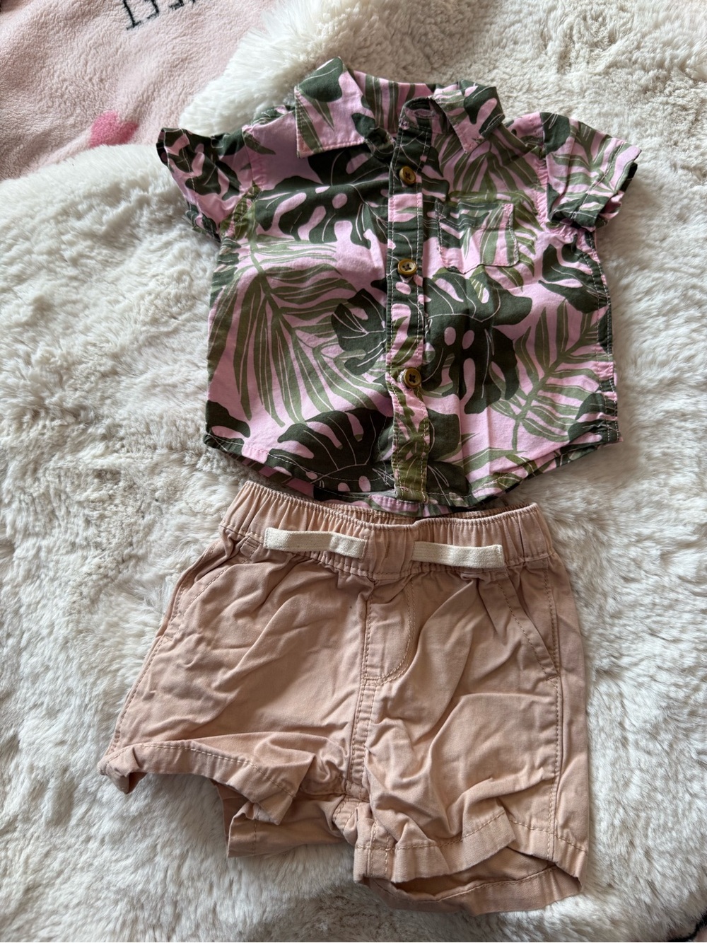 Pink & Green Tropical Button-Up Shirt with Pink Shorts - Kids